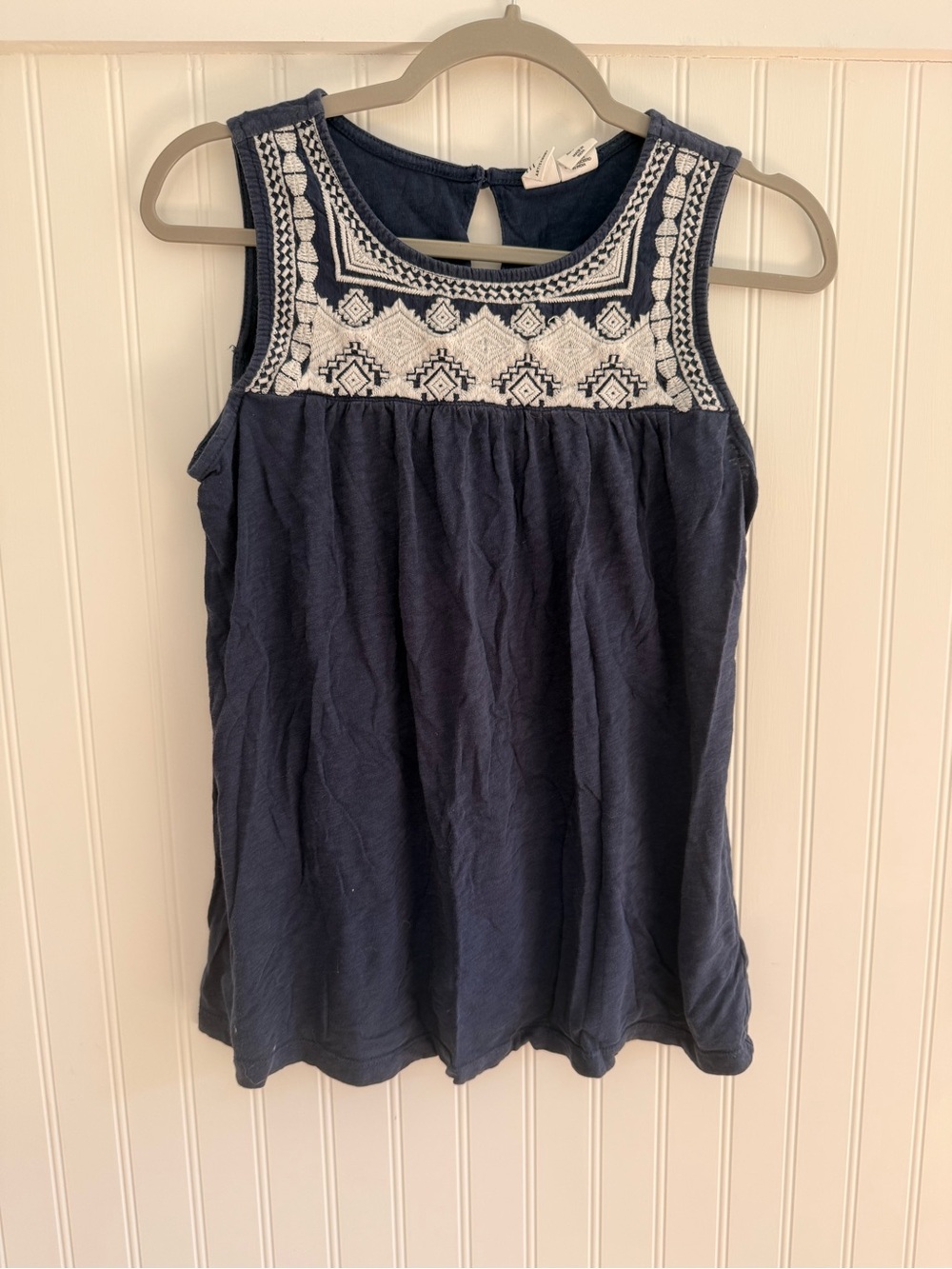 Navy Sleeveless Embroidered Yoke Top Small